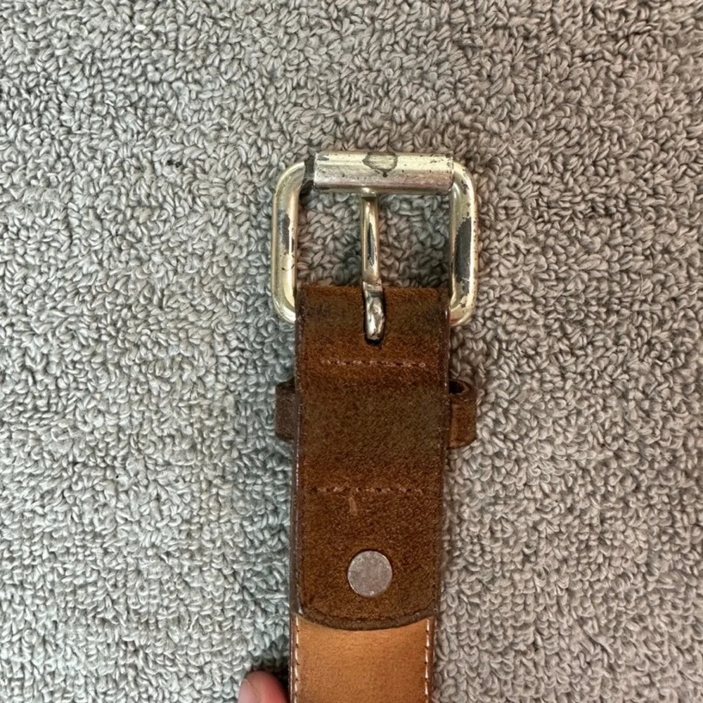 Mens Brown Suede Leather Belt Silver Roller Buckle Casual Rugged 46 Inch